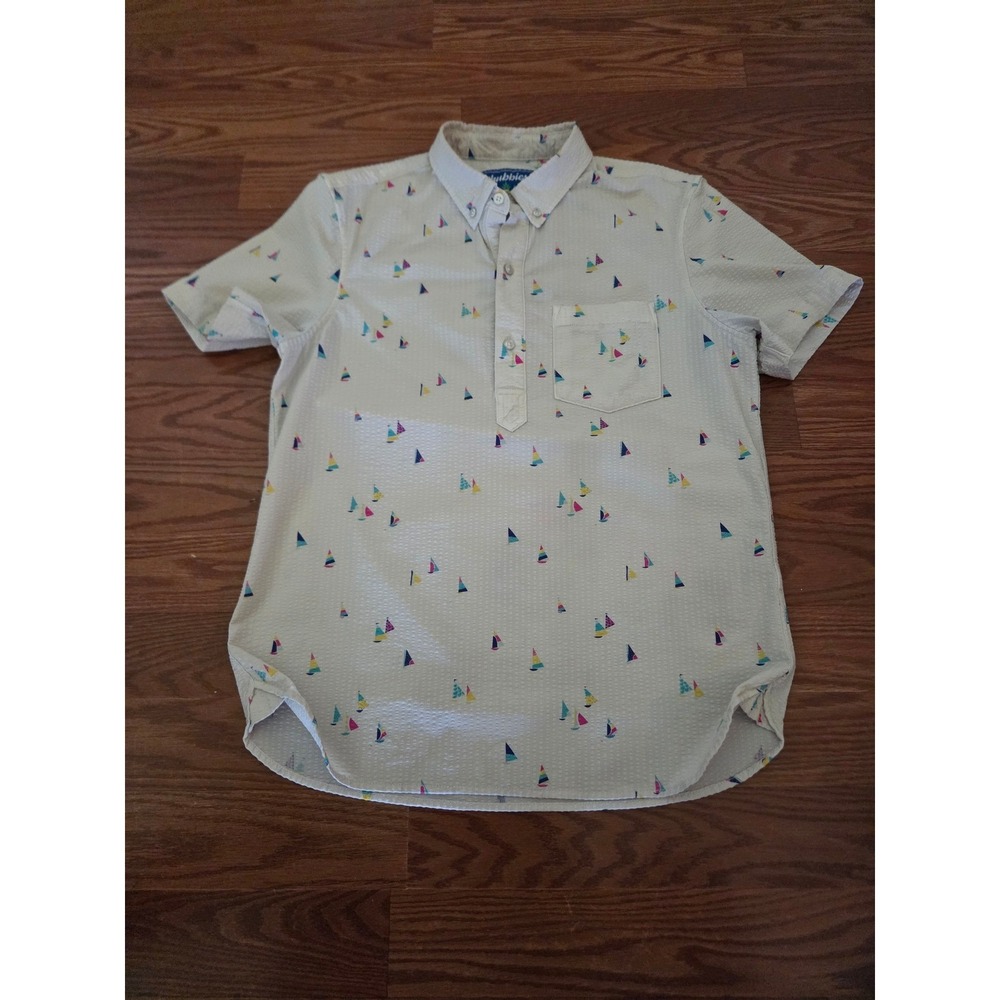 Chubbies Mens Small‎ Seersucker Sailboat Print Short Sleeve Popover Shirt Cream